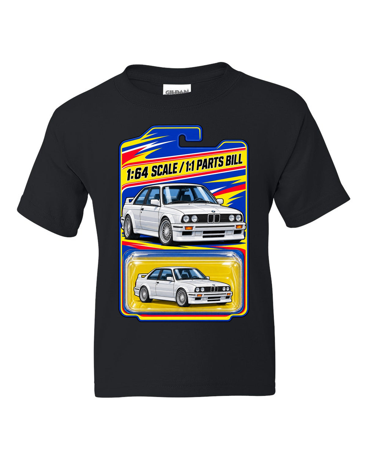Vaporwave pastel print of a BMW E30 M3 slicktop with roof leaks not included text black kids tee front view with the design