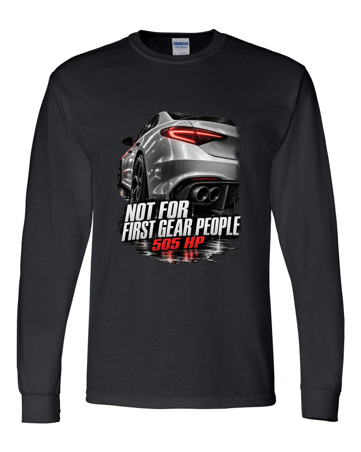Taillight macro print of an Alfa Romeo Giulia Quadrifoglio with 505 HP text black long sleeve front view with the design