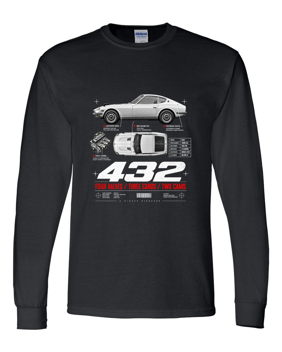 print spec poster of a 1970 Datsun Fairlady Z432 PS30 in profile and top-down view black long sleeve front view with the design