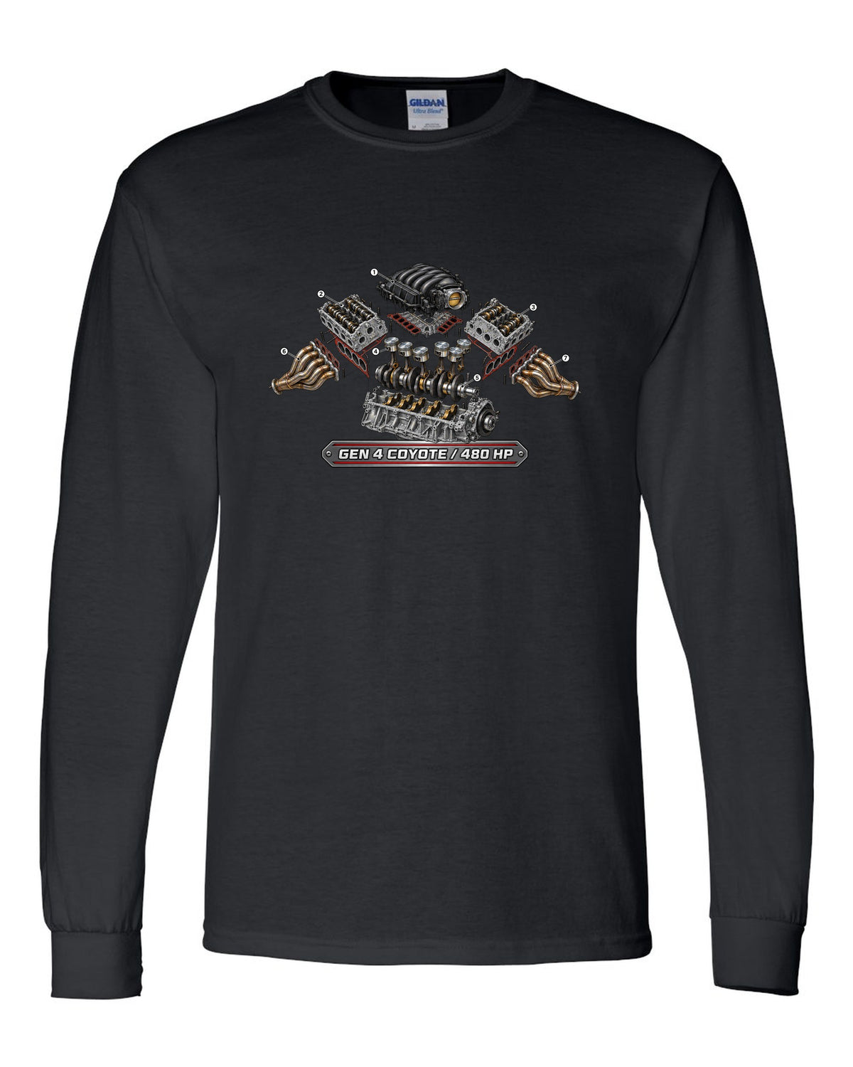 Isometric exploded cutaway engine print of a 2024 S650 Mustang 5.0 Gen 4 Coyote V8 black long sleeve front view with the design