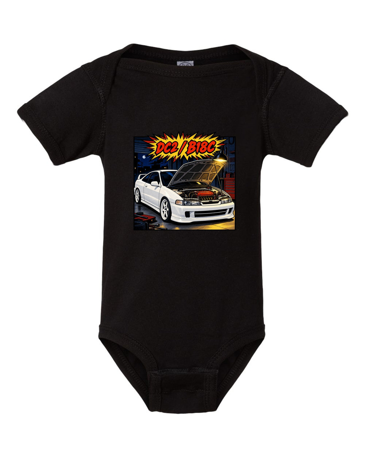 Comic book panel action burst print of a Honda Integra Type R DC2 with bonnet up and B18C text black baby onesie front view with the design