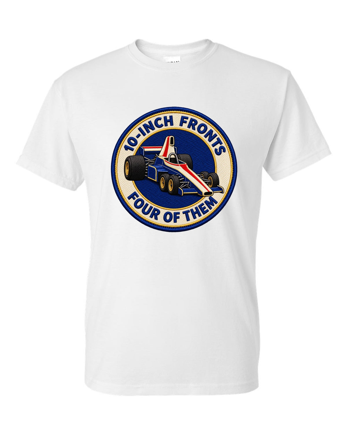 Varsity crest print of the Tyrrell P34 with 10-inch fronts, four of them lettering white t-shirt front view with the design