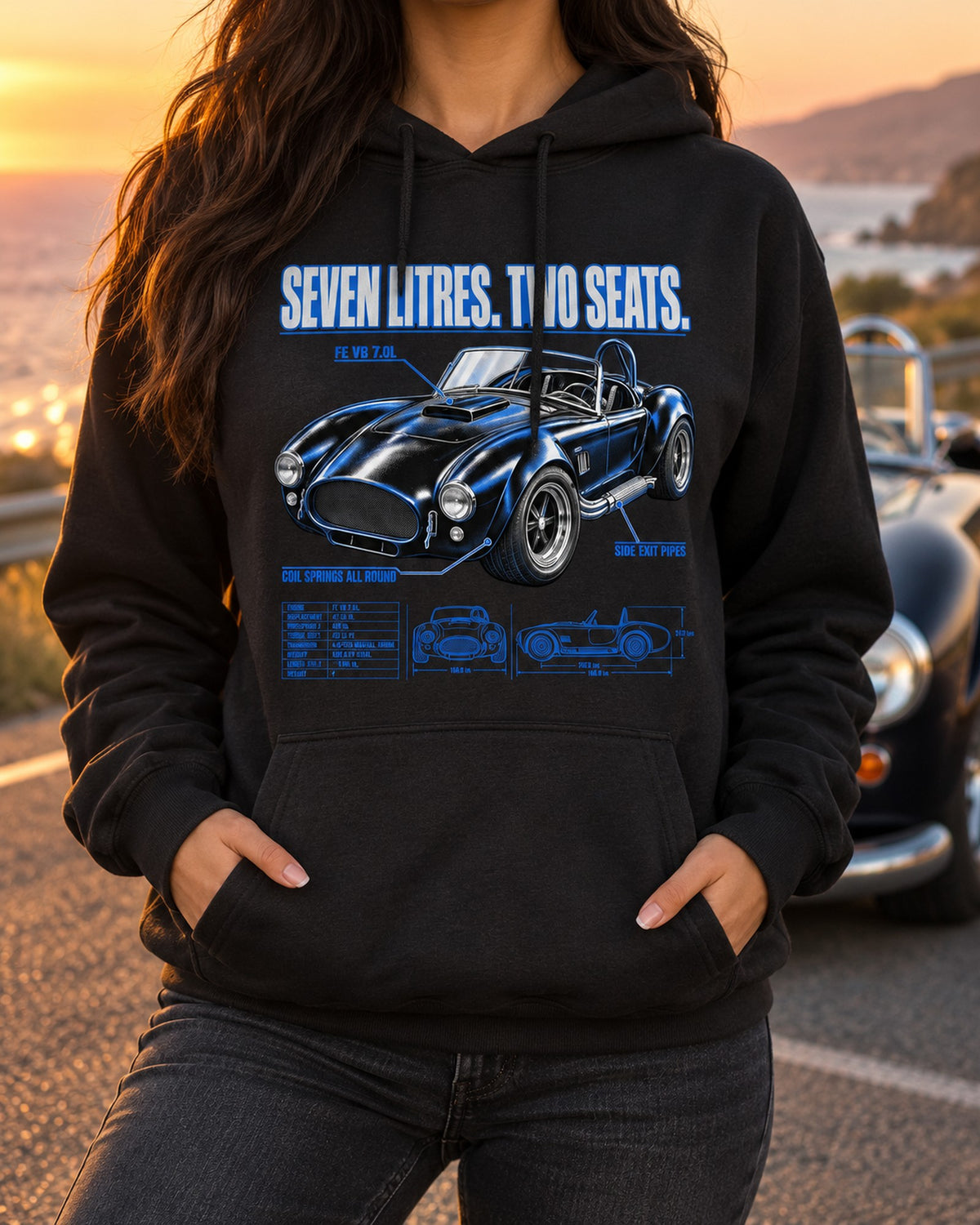 Shelby-Style 427 Roadster Top-Down Spec Poster Shirt, 1965-67 Pull Over Hoodie Black worn hero