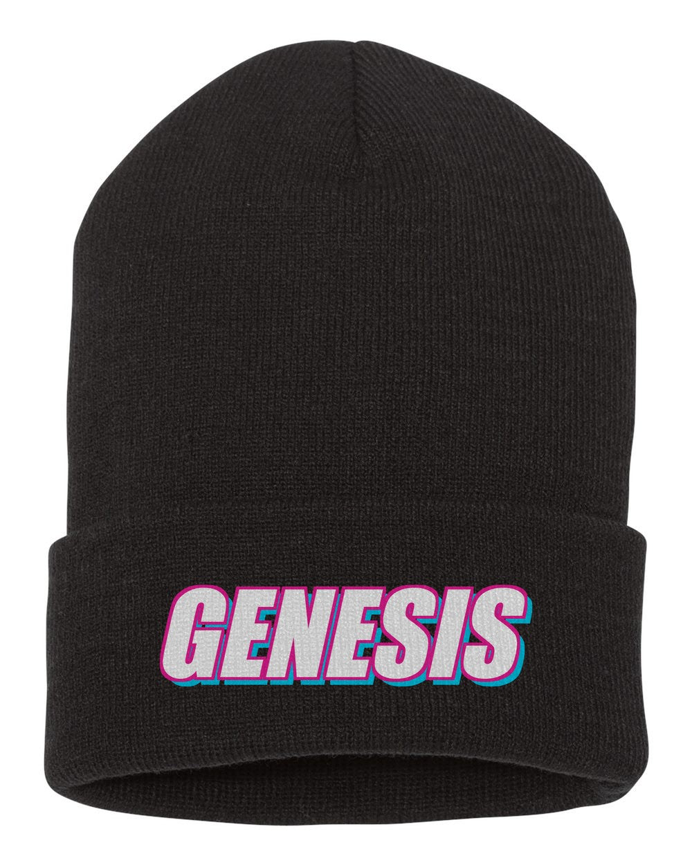 Genesis black beanie front view with car name