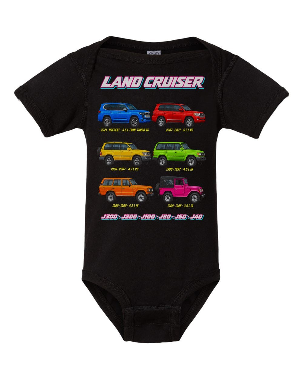 Toyota Land Cruiser evolution poster black baby onesie front view