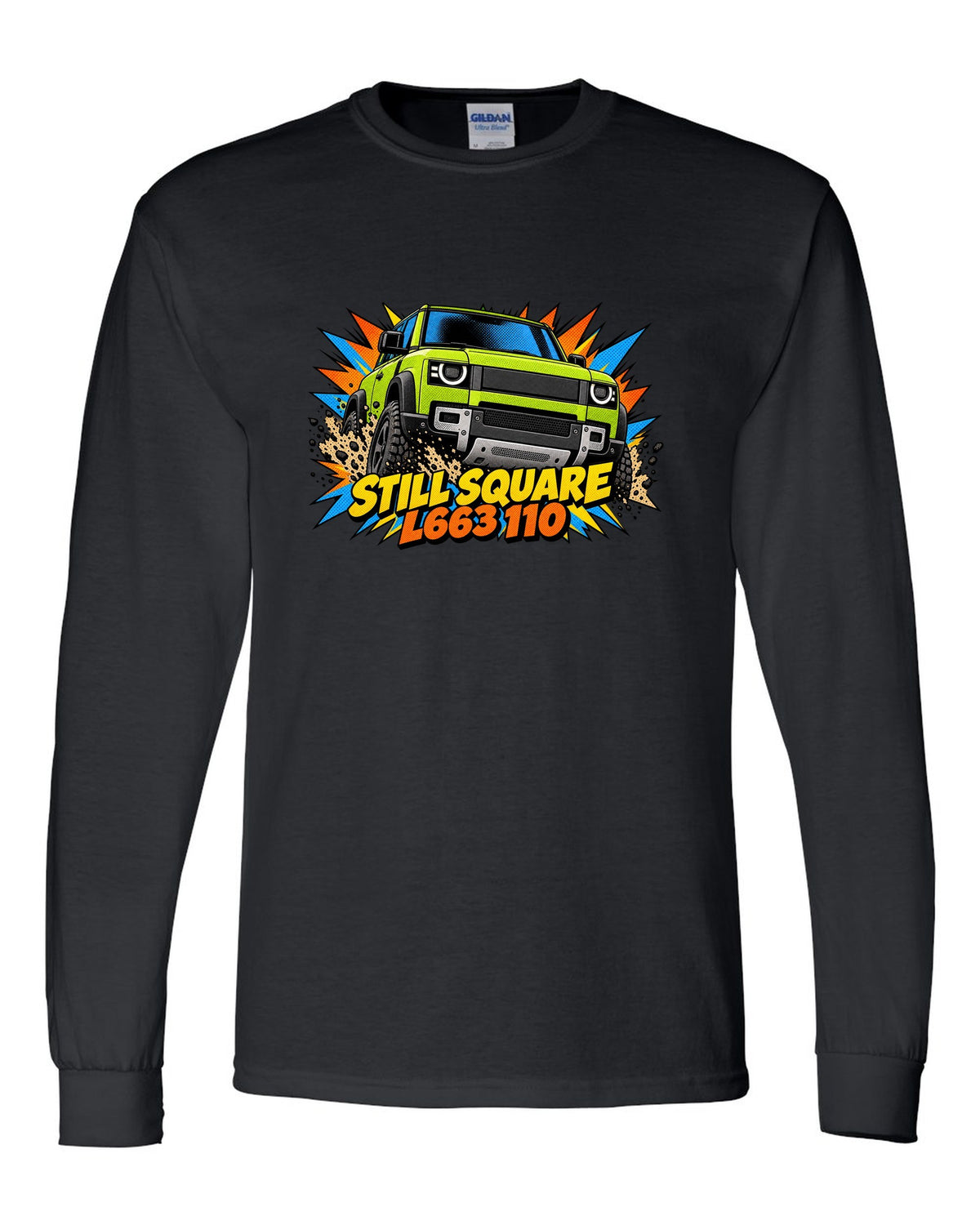 Comic halftone pop-art close-up of a Land Rover Defender L663 headlight with L663 110 lettering black long sleeve front view with the design