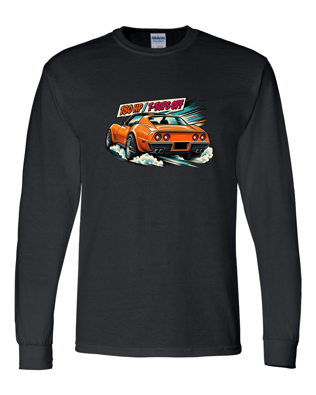 Retro manga halftone panel print of 1977 Chevrolet Corvette C3 Stingray taillights with 180 HP T-Tops Off text black long sleeve front view with the design