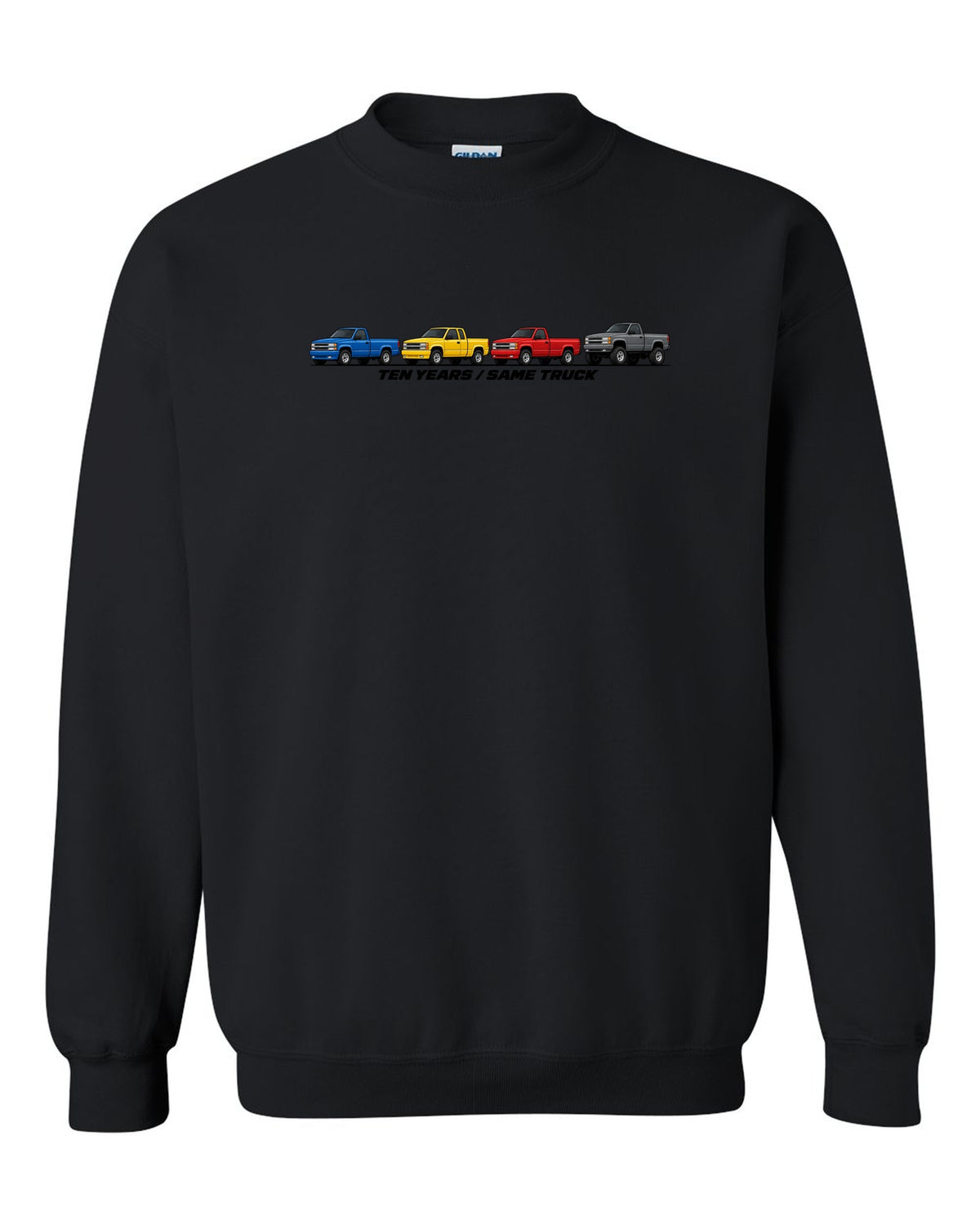Generation lineup print of 1988-98 Chevrolet GMT400 C1500 K1500 OBS trucks with ten years same truck lettering black crewneck front view with the design