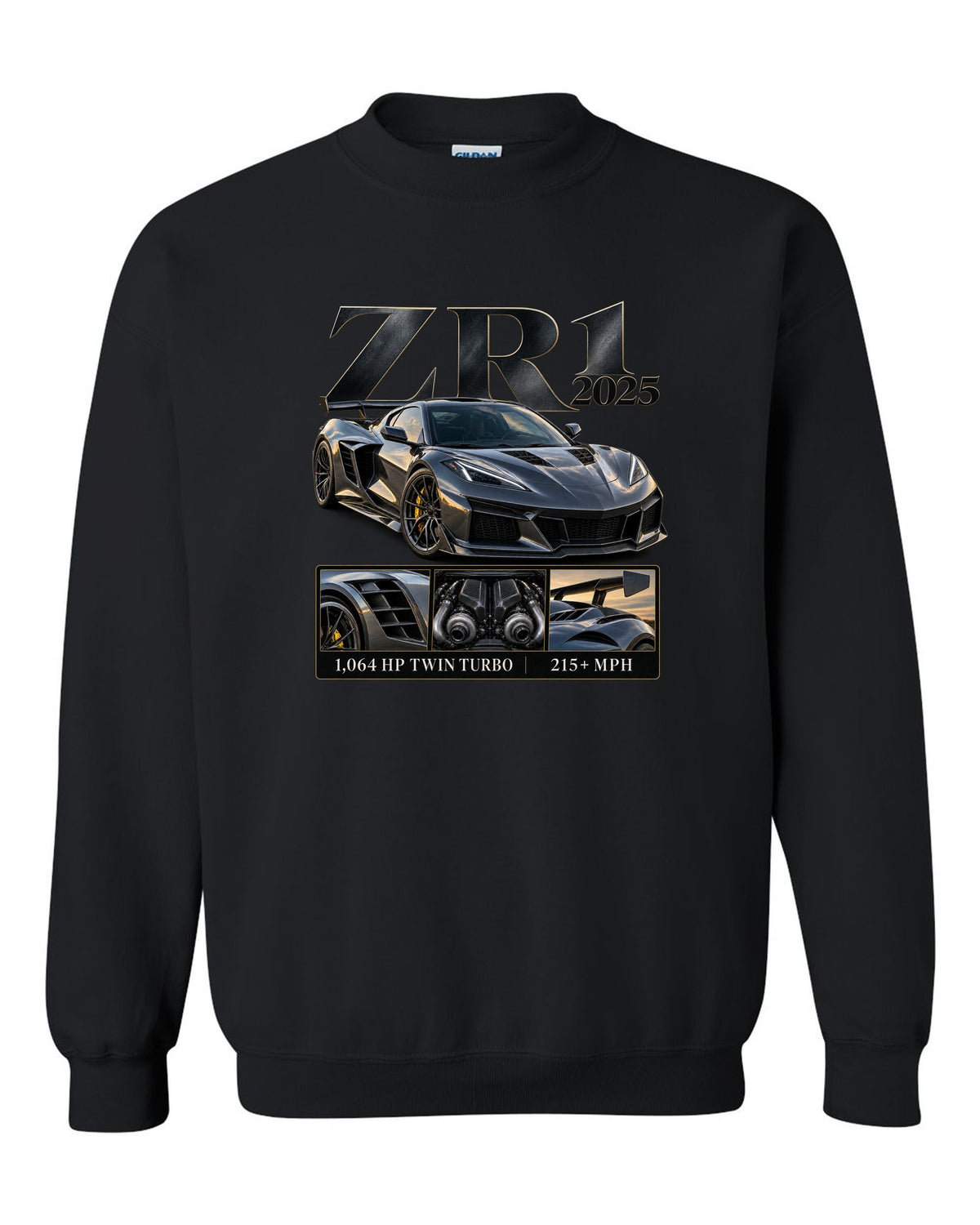 Corvette C8 ZR1 2025 with large fender vents, archive panel black crewneck front view with the design