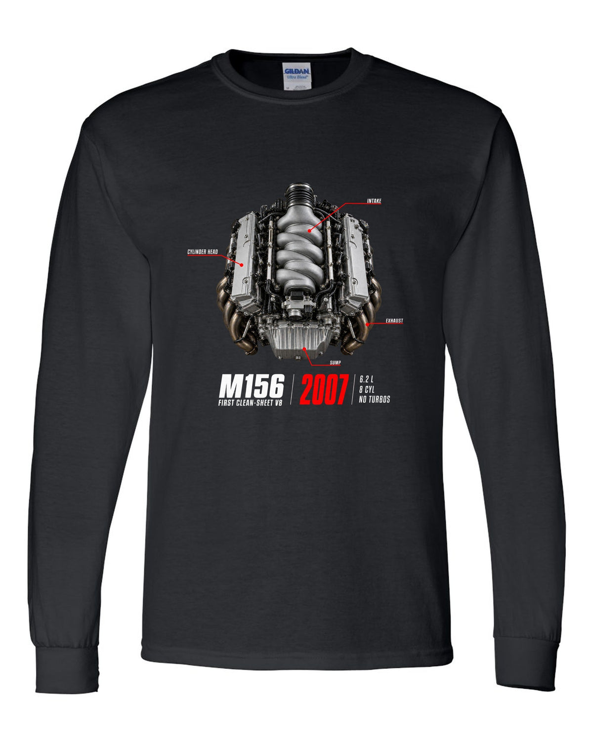 Mercedes C63 AMG W204 M156 V8 engine hero print with first clean-sheet V8 text black long sleeve front view with the design