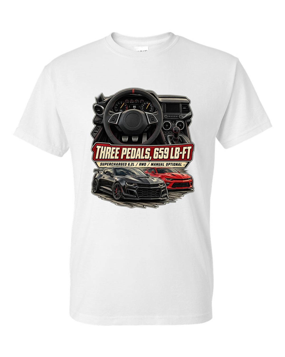 Gauge cockpit print of a 2022-25 Cadillac CT5-V Blackwing interior white t-shirt front view with the design