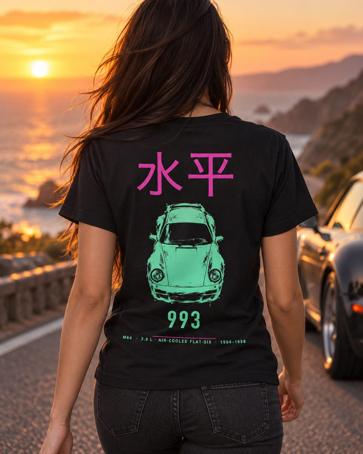 993 M64 Full-Back Graphic Tee T-Shirt Black worn hero
