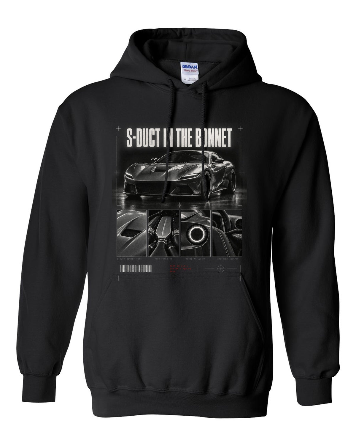 Dossier panel print of a Ferrari F8 Tributo with S-duct in the bonnet and 720 PS text black pull over hoodie front view with the design