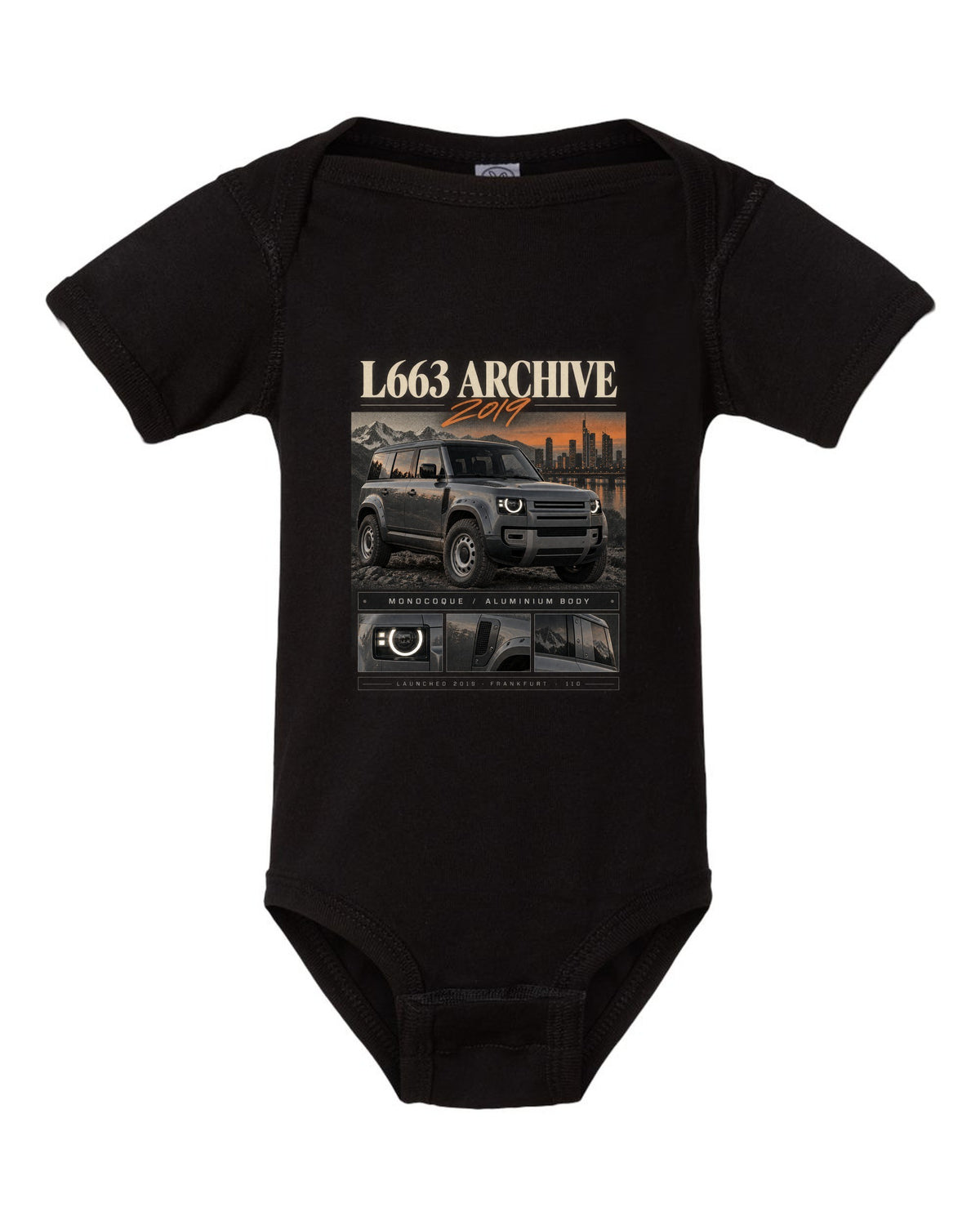 Land Rover Defender L663 110 archive panel print with 2019 Frankfurt text black baby onesie front view with the design