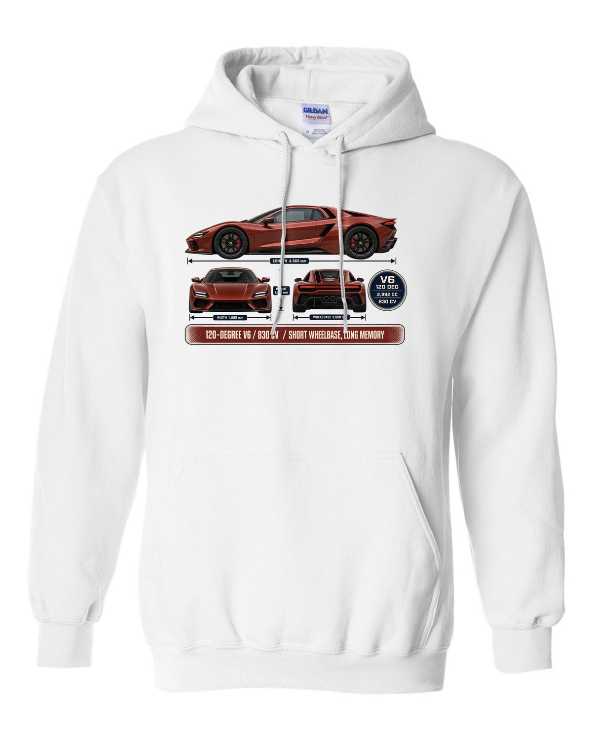 print three-view drawing with spec table of a Ferrari 296 GTB in brick red white pull over hoodie front view with the design