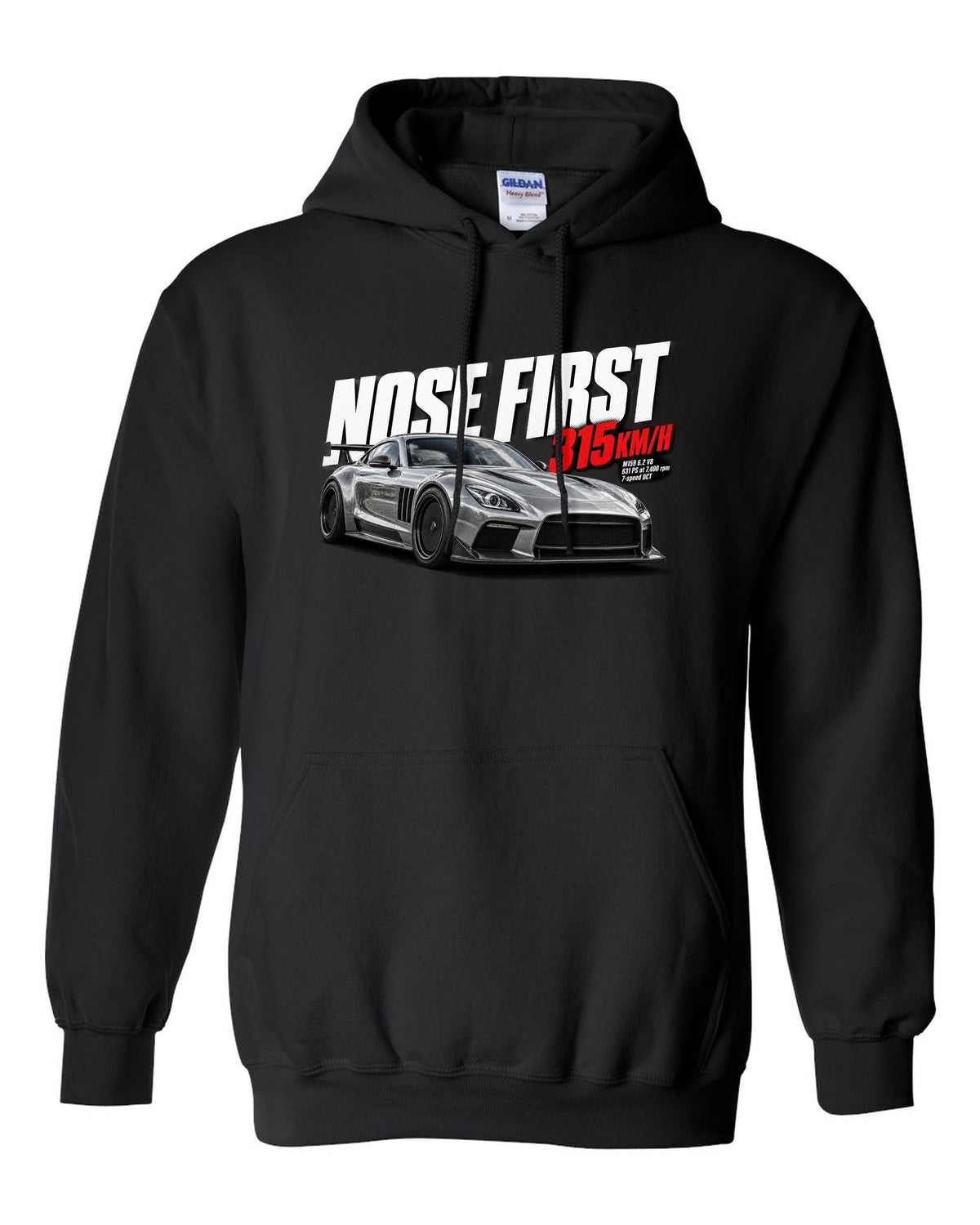 Halftone print of a Mercedes SLS AMG Black Series C197 with Nose First 315 km/h lettering black pull over hoodie front view with the design