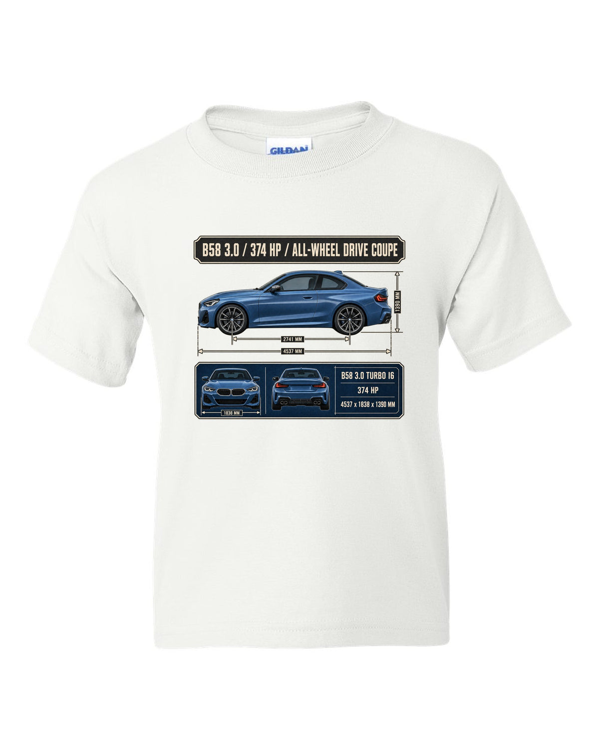 BMW M240i xDrive G42 coupe dimension blueprint print white kids tee front view with the design