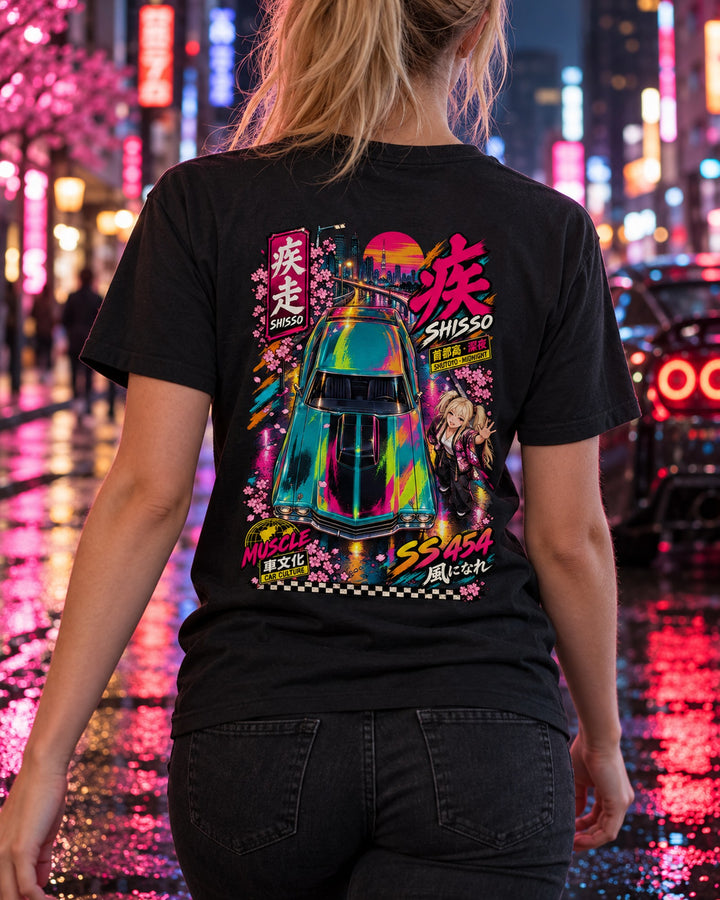 SHISSO SS 454 Anime Girl Full-Back Graphic Tee T-Shirt Black worn hero