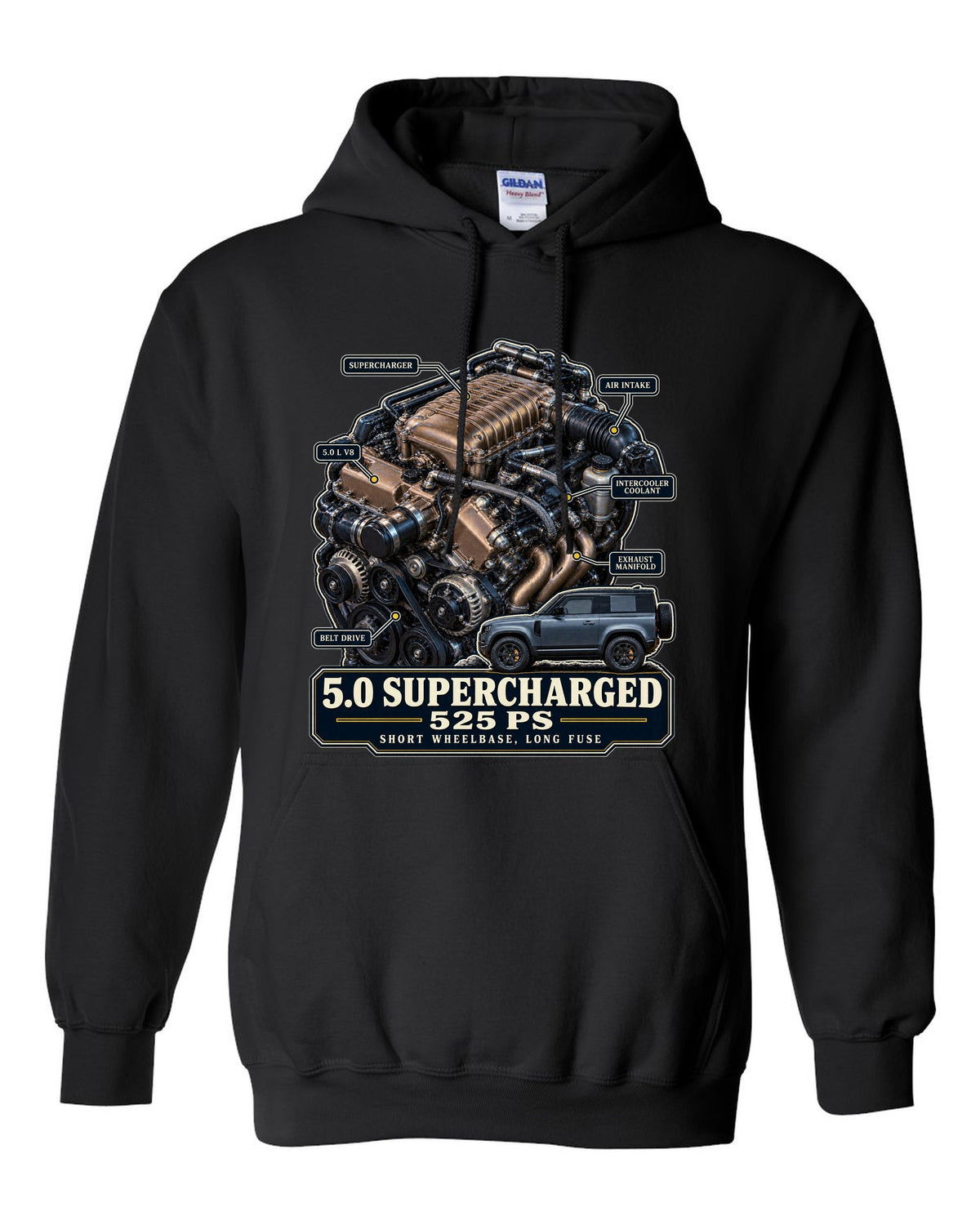 Engine hero print of the Land Rover Defender 90 V8 5.0 supercharged L663 black pull over hoodie front view with the design