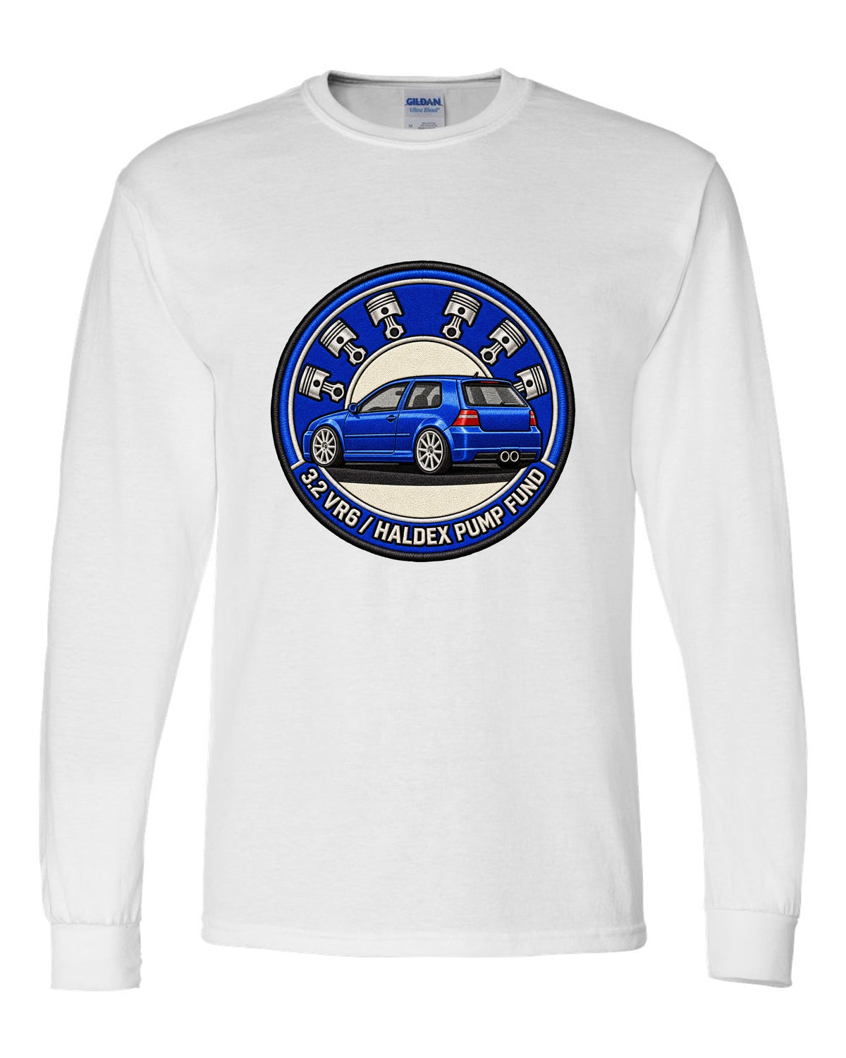 Varsity crest print for a VW Golf R32 Mk4 with 3.2 VR6 and Haldex pump fund lettering white long sleeve front view with the design
