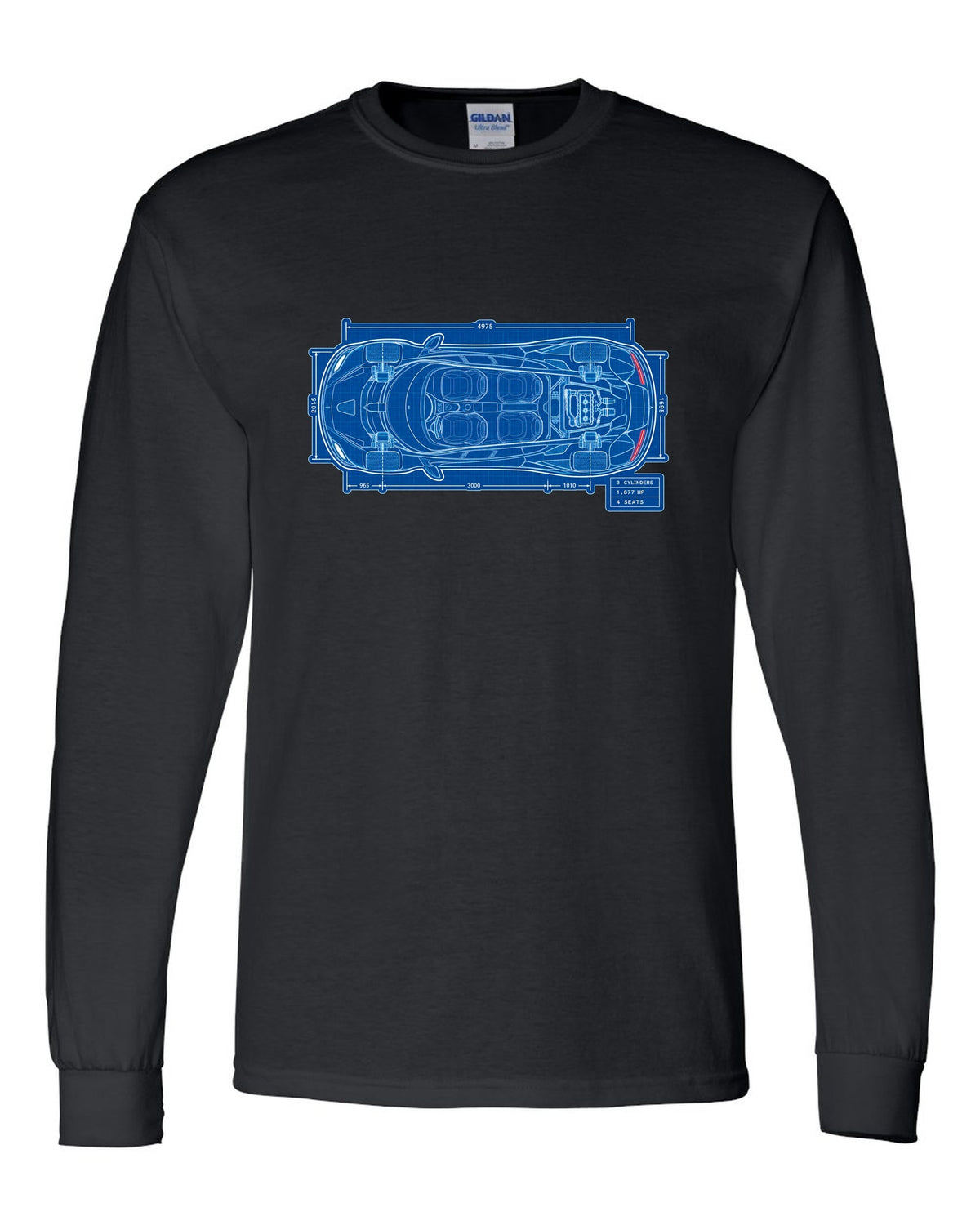 Technical blueprint print of the Koenigsegg Gemera seen from above with 3 cylinders and 4 seats lettering black long sleeve front view with the design