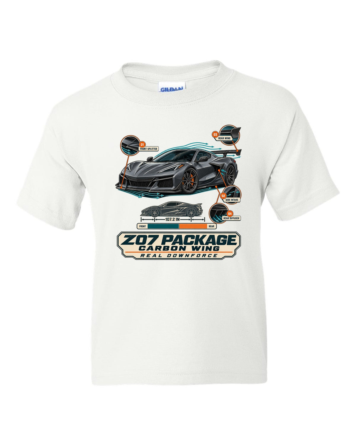 Aero callouts print of a Chevrolet Corvette C8 Z06 with Z07 package and carbon wing white kids tee front view with the design