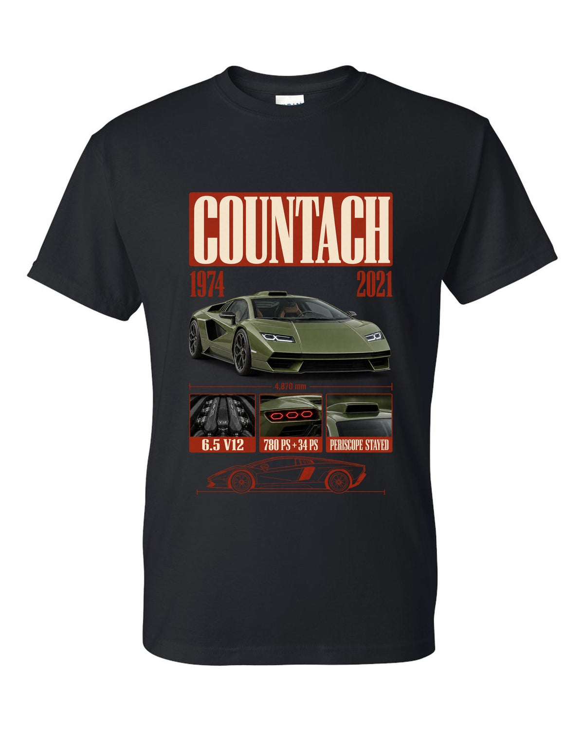 Lamborghini Countach LPI 800-4 archive panel print covering 1974 to 2021 with V12 specs black t-shirt front view with the design