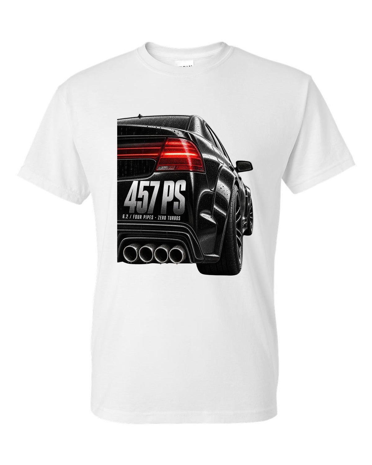 print taillight close-up of a Mercedes W204 C63 sedan with text 457 PS, 6.2, four pipes, zero turbos white t-shirt front view with the design