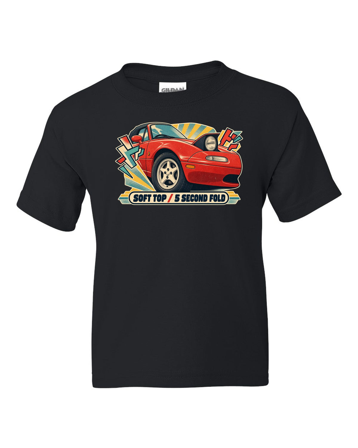 HUD style gauge cluster of a Mazda MX-5 NB with 7K redline text black kids tee front view with the design