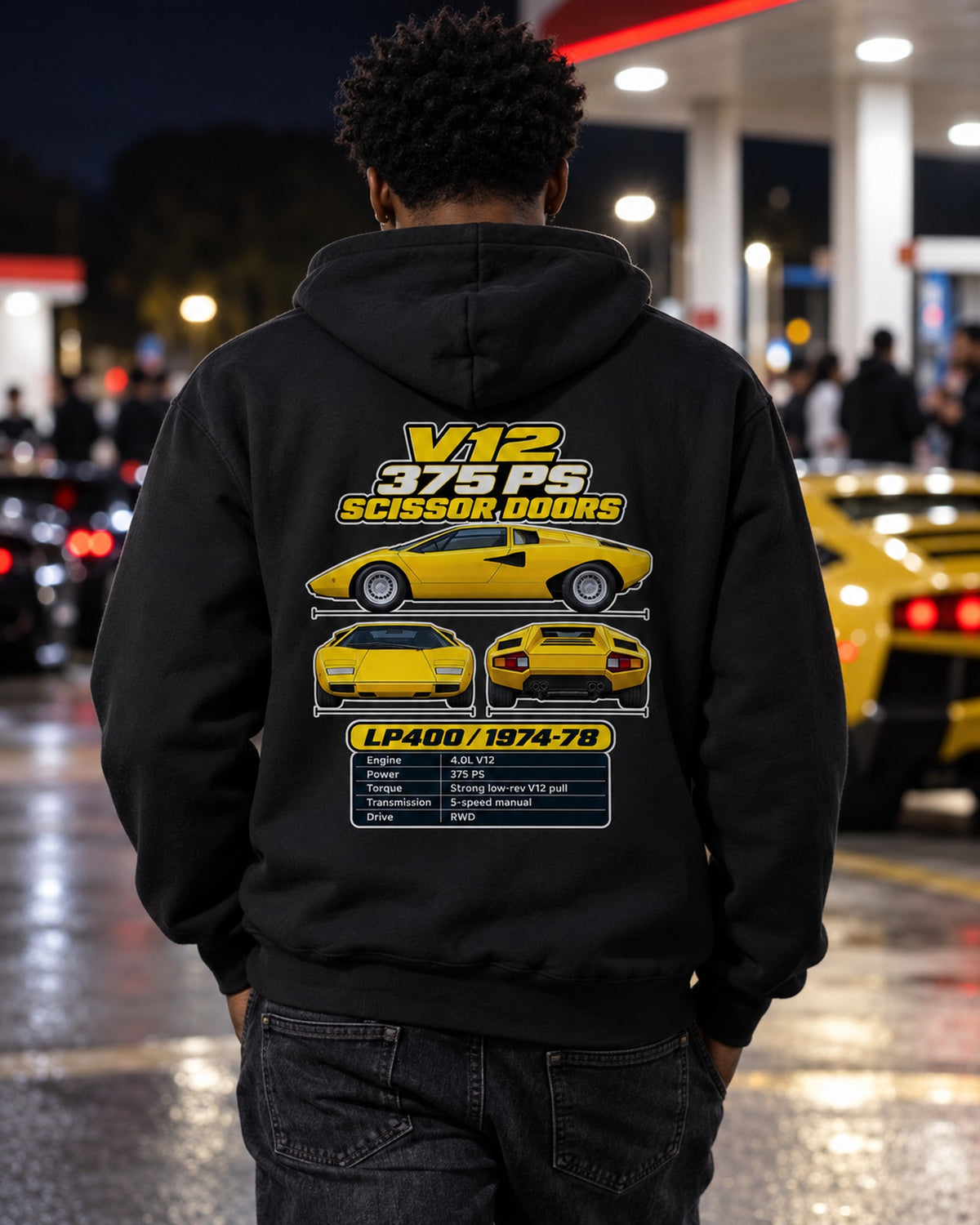 Lamborghini Countach Lp400 Spec Sheet Full-Back Graphic Tee Pull Over Hoodie Black worn hero