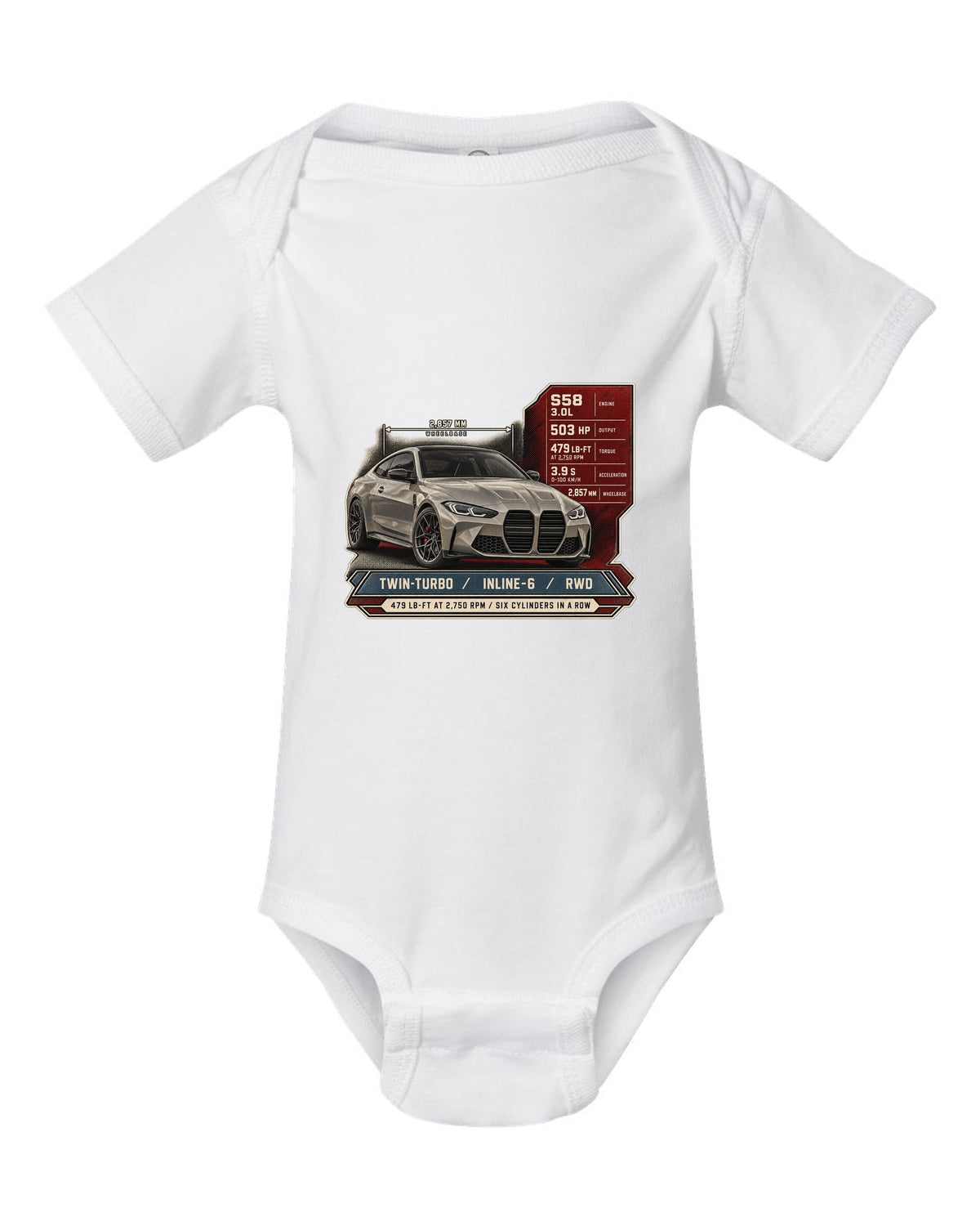 BMW M4 Competition G82 spec poster print with 479 lb-ft and six cylinders in a row white baby onesie front view with the design