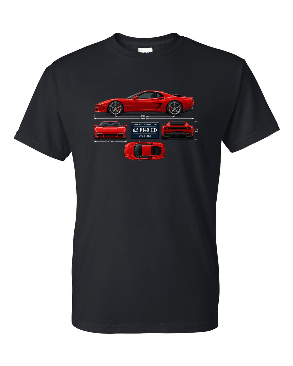 Ferrari 812 Competizione dimension blueprint print with 6.5 F140 HD, 999 built black t-shirt front view with the design