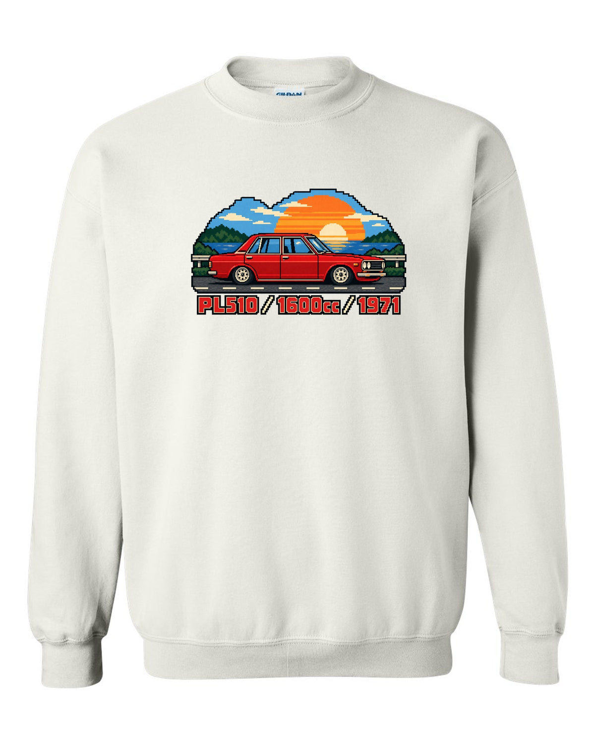 16-bit pixel art of a 1971 Datsun 510 PL510 sedan with 1600cc lettering white crewneck front view with the design