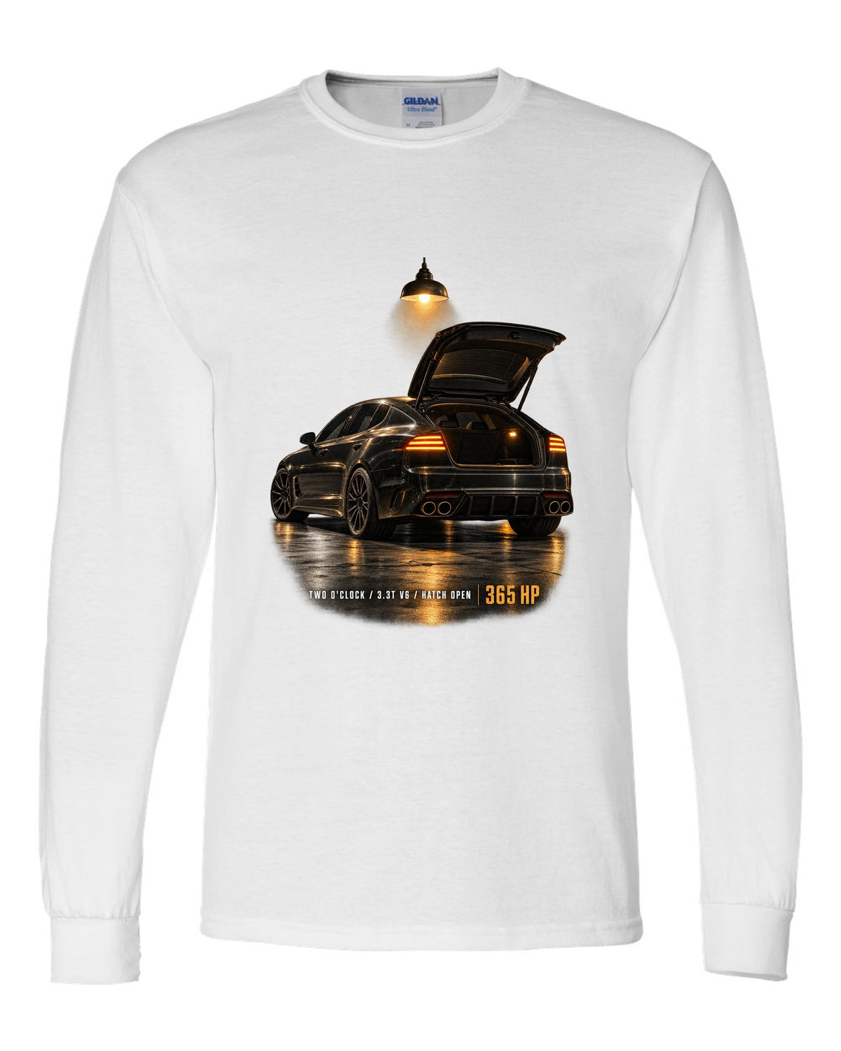 Kia Stinger GT CK garage night print with ch open and 3.3T V6 text white long sleeve front view with the design