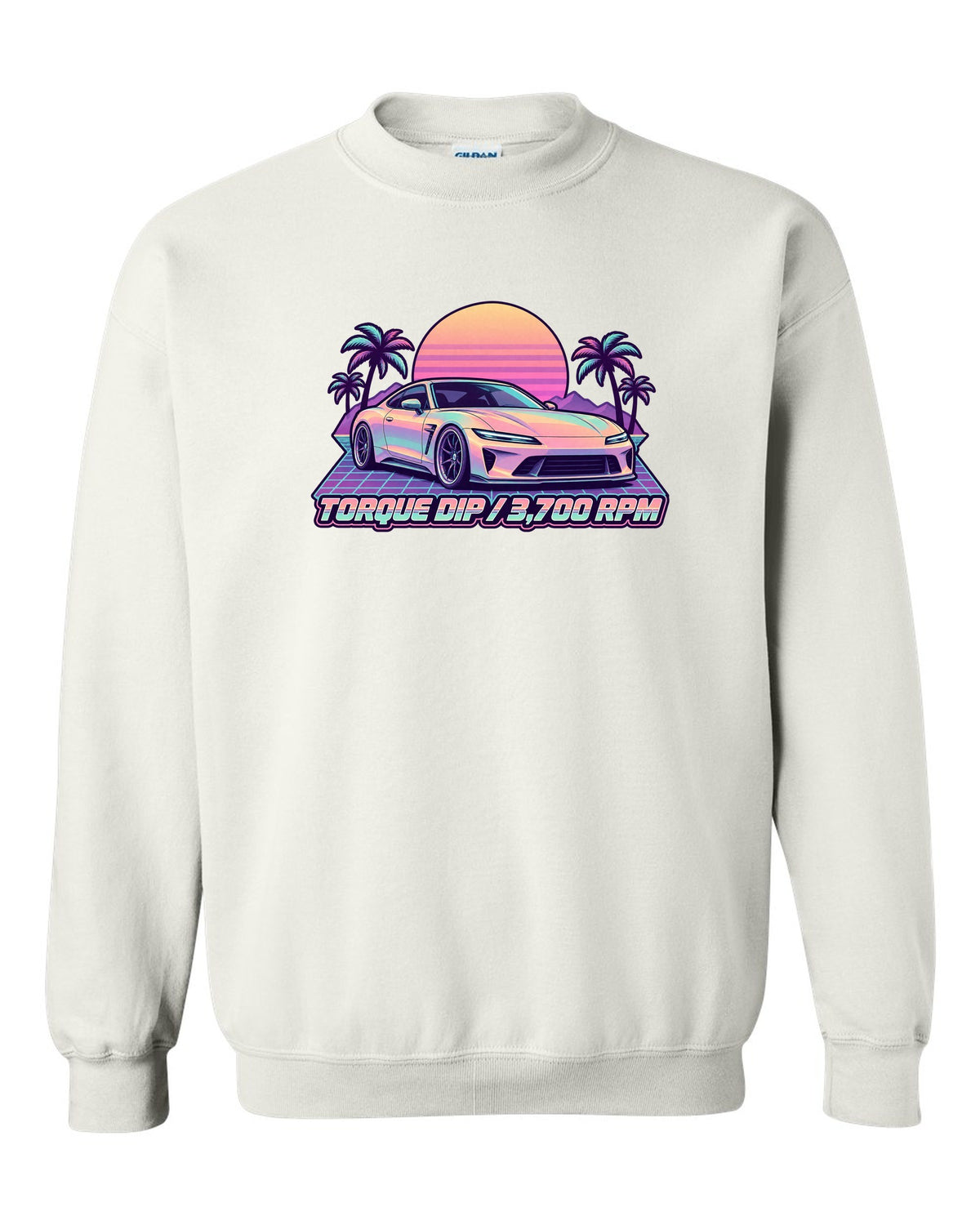 Pastel vaporwave illustration of a Toyota 86 ZN6 with Torque Dip 3,700 RPM lettering white crewneck front view with the design
