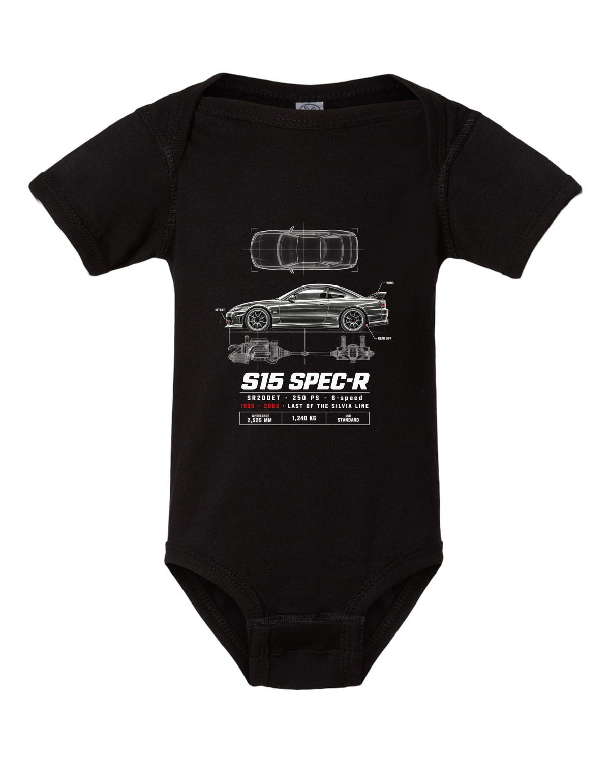 Spec poster print of a Nissan Silvia S15 Spec-R top-down profile with SR20DET data black baby onesie front view with the design