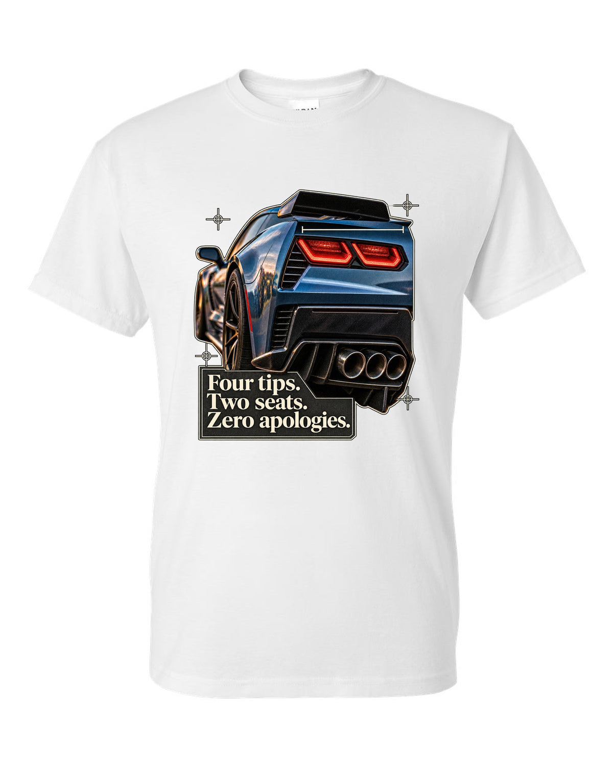print of a Chevrolet Corvette C7 Z06 rear tail macro with four exhaust tips text white t-shirt front view with the design