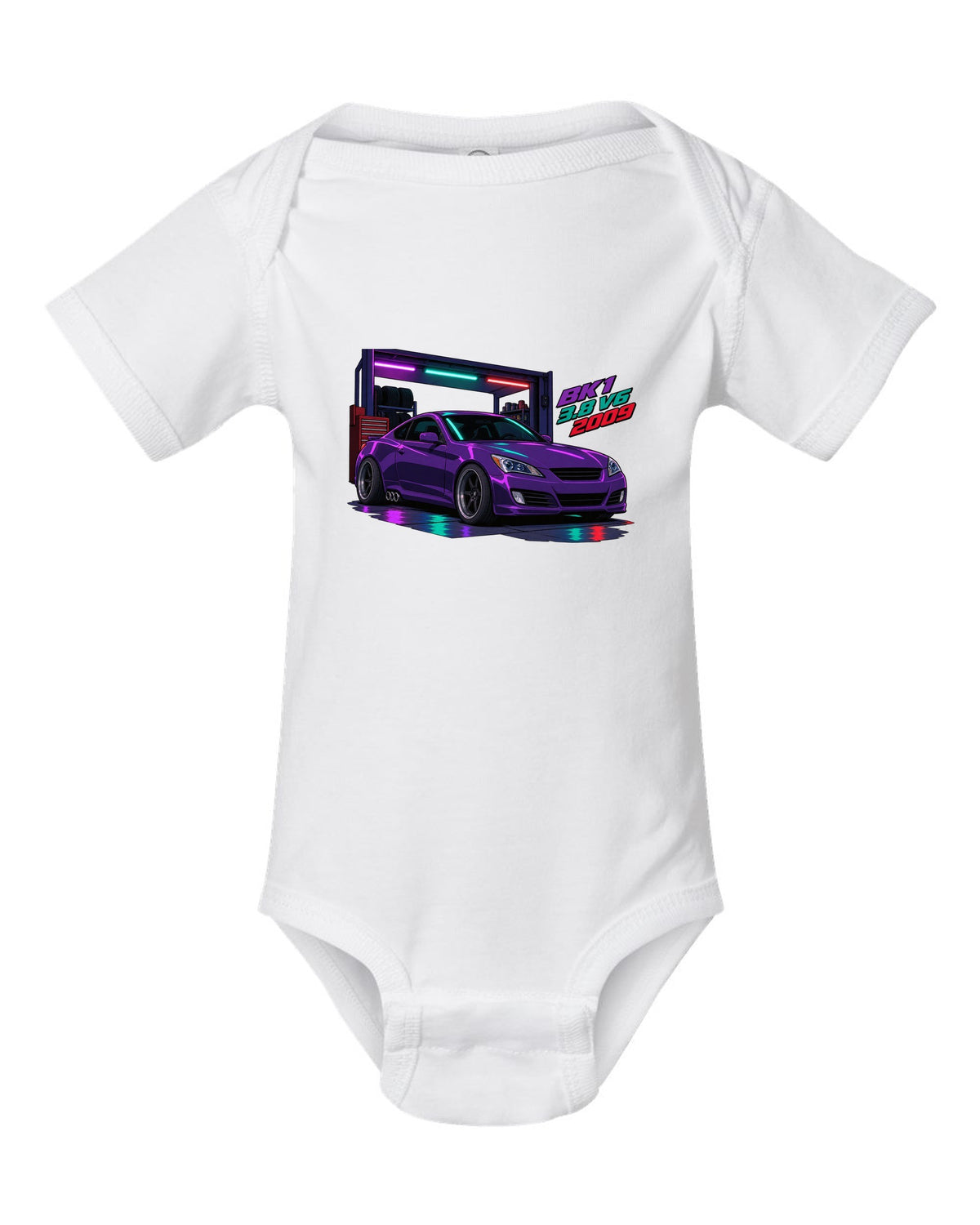 Cel-shaded anime print of a Hyundai Genesis Coupe BK1 in a garage with 3.8 V6 2009 text white baby onesie front view with the design