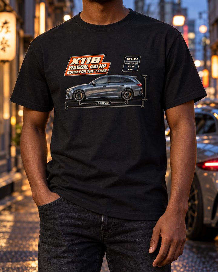 Mercedes-AMG CLA 45 S X118 Shooting Brake Spec Poster Tee T-Shirt Black worn hero