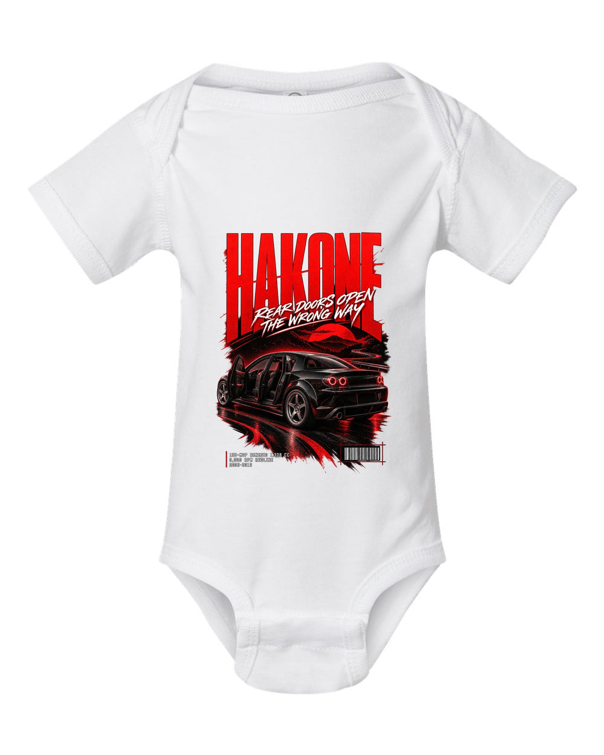 Street poster print for the 2004 Mazda RX-8 SE3P with Hakone lettering and Renesis rotary details white baby onesie front view with the design