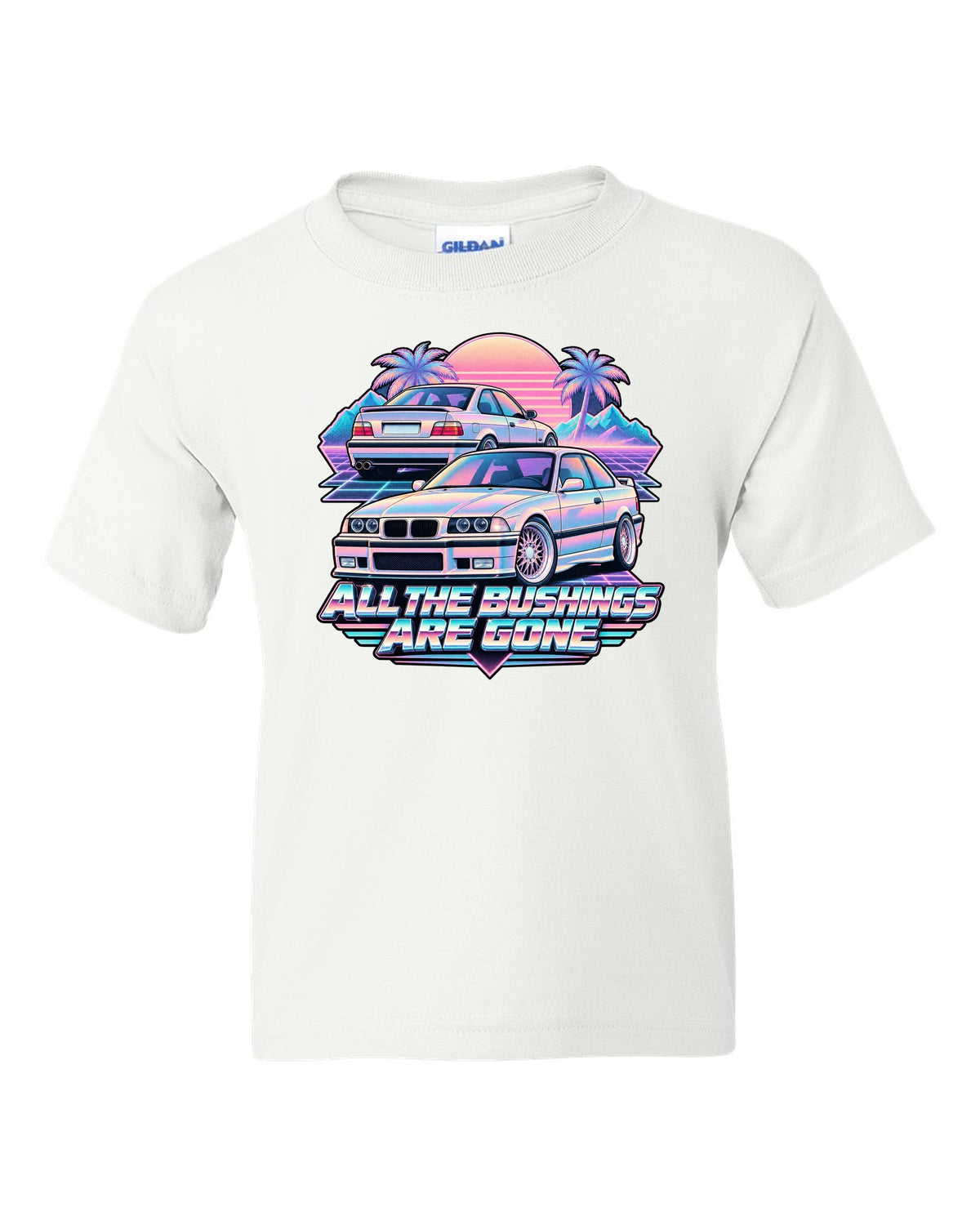 Vaporwave print of a BMW E36 M3 taillight with all the bushings are gone text white kids tee front view with the design