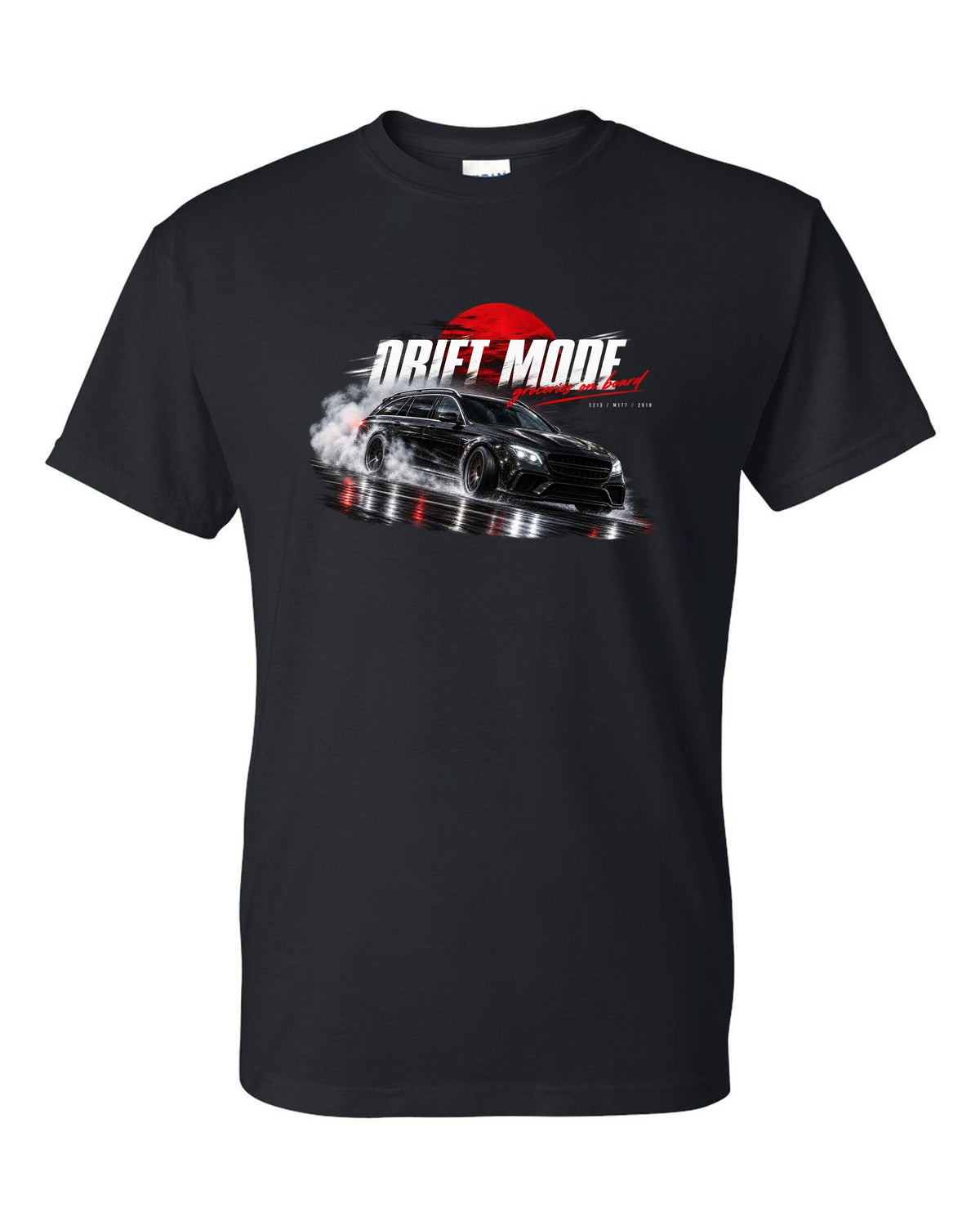 print night drift scene of a 2018 Mercedes E63 S AMG Estate S213 with text Drift Mode groceries on board black t-shirt front view with the design