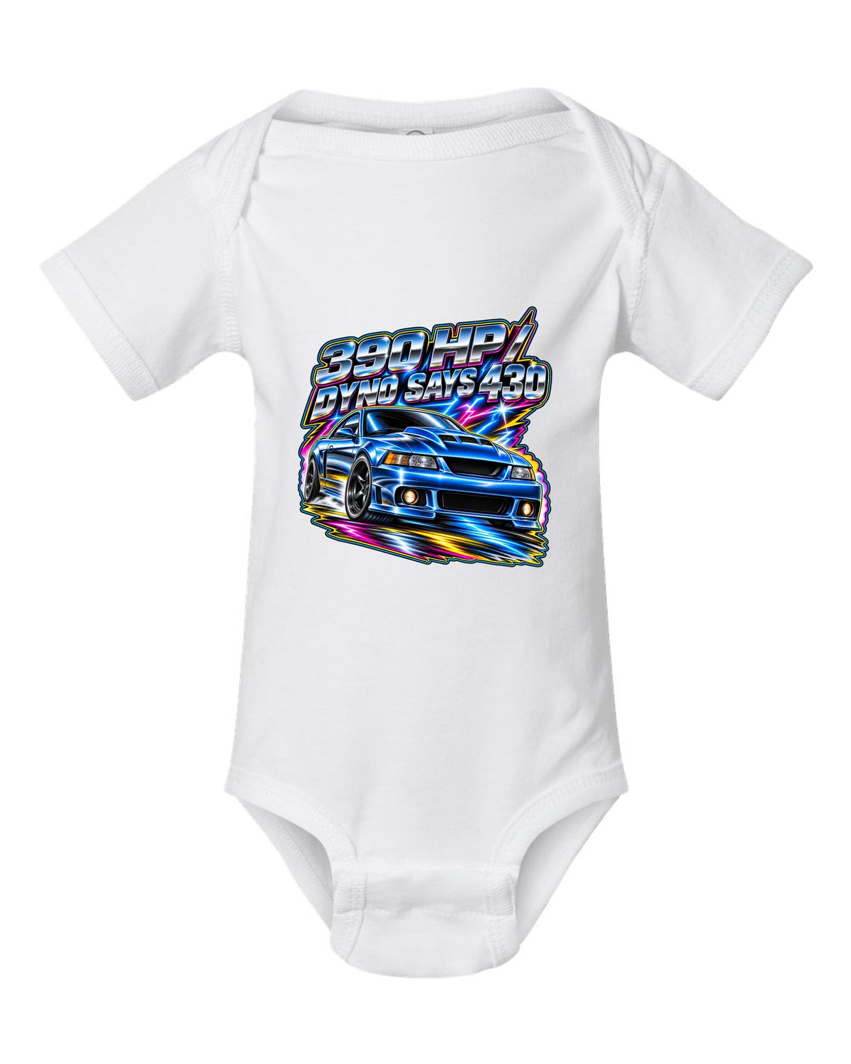80s airbrush chrome 2003 supercharged Ford Mustang coupe with 390 HP text white baby onesie front view with the design