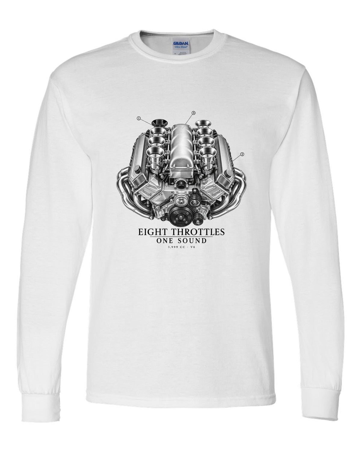 BMW E92 M3 S65 V8 engine illustration print with eight throttles lettering white long sleeve front view with the design
