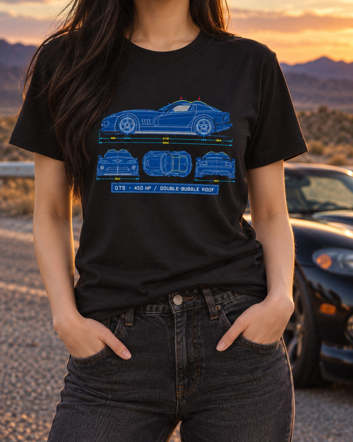 1996 Dodge Viper GTS SR II Cyanotype Blueprint Shirt T-Shirt Black worn hero