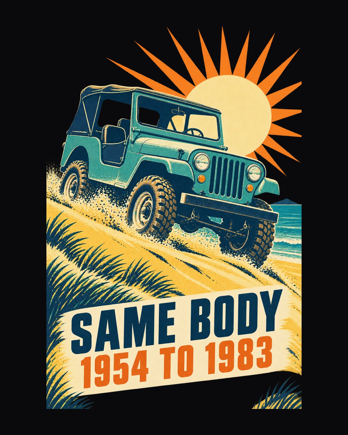 Jeep CJ-5 Dune Climb Vintage Race Poster Tee, 1954 to 1983 design only