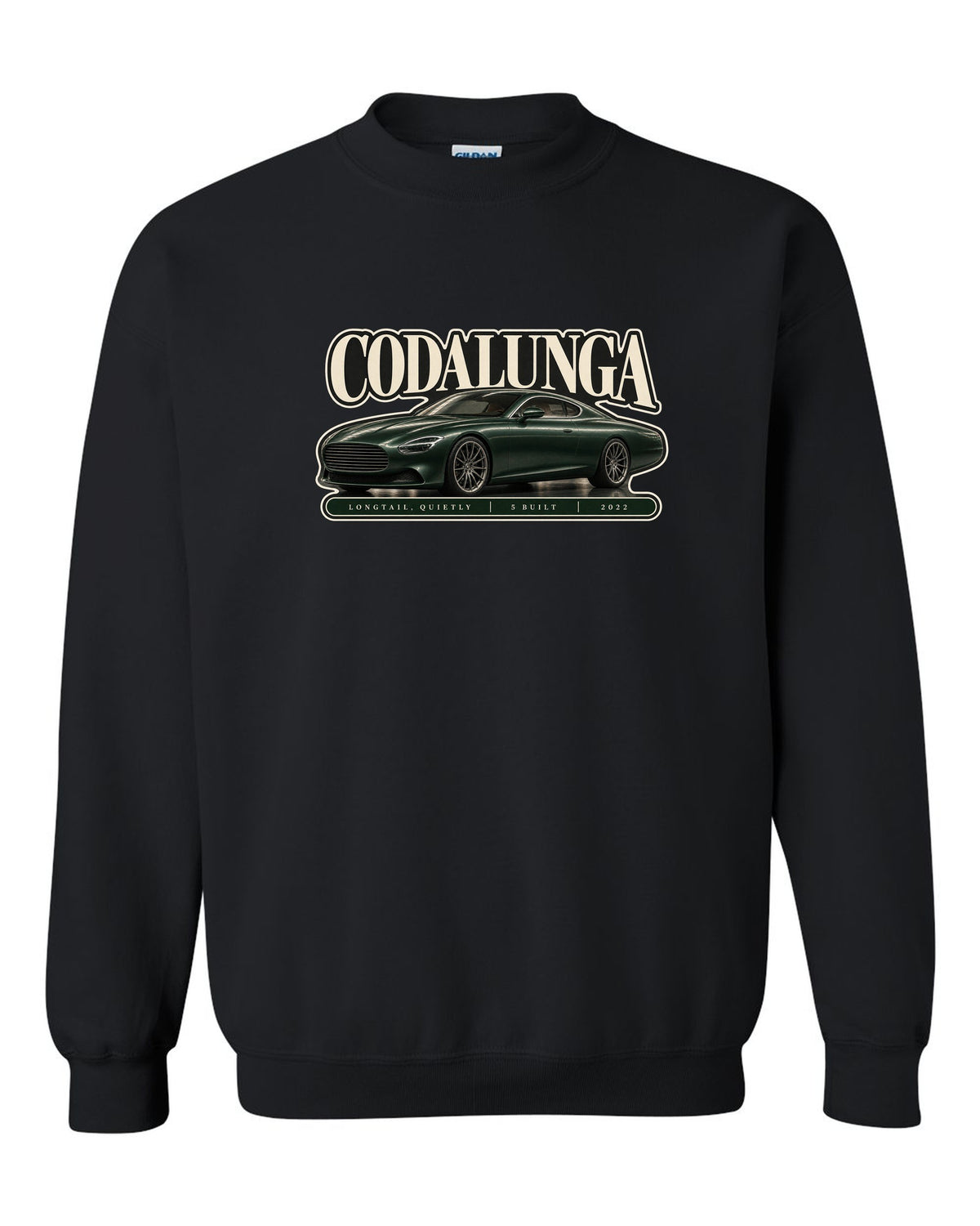 Editorial headline print of the Pagani Huayra Codalunga with the text Codalunga, longtail, quietly, 5 built, 2022 black crewneck front view with the design