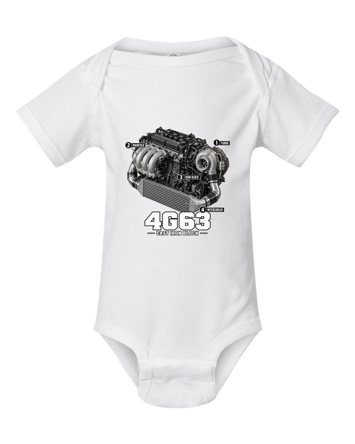 Engine diagram print for the Mitsubishi Lancer Evolution VI CP9A showing a 4G63 with turbo, manifold, iron block and intercooler callouts white baby onesie front view with the design