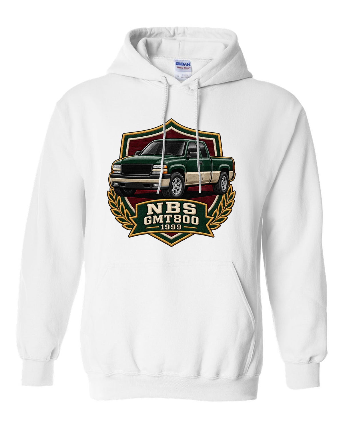 Varsity shield crest print for a 1999-2006 Chevrolet Silverado NBS GMT800 with NBS GMT800 1999 text white pull over hoodie front view with the design