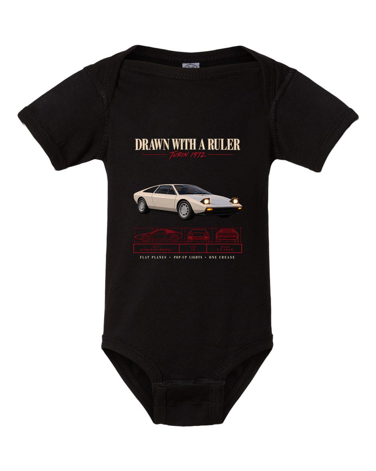 Archive panel print of a 1976 Lotus Esprit S1 Type 79 with Giugiaro wedge text black baby onesie front view with the design